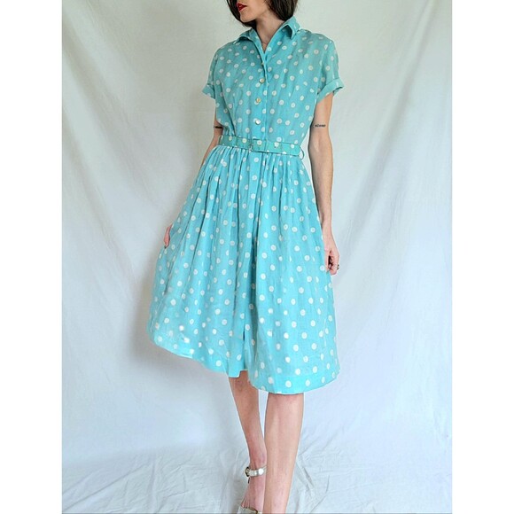 Vintage 1950s Polka Dot Shirt Dress: 50s Cotton Day Dress, Womens Medium - Picture 1 of 15